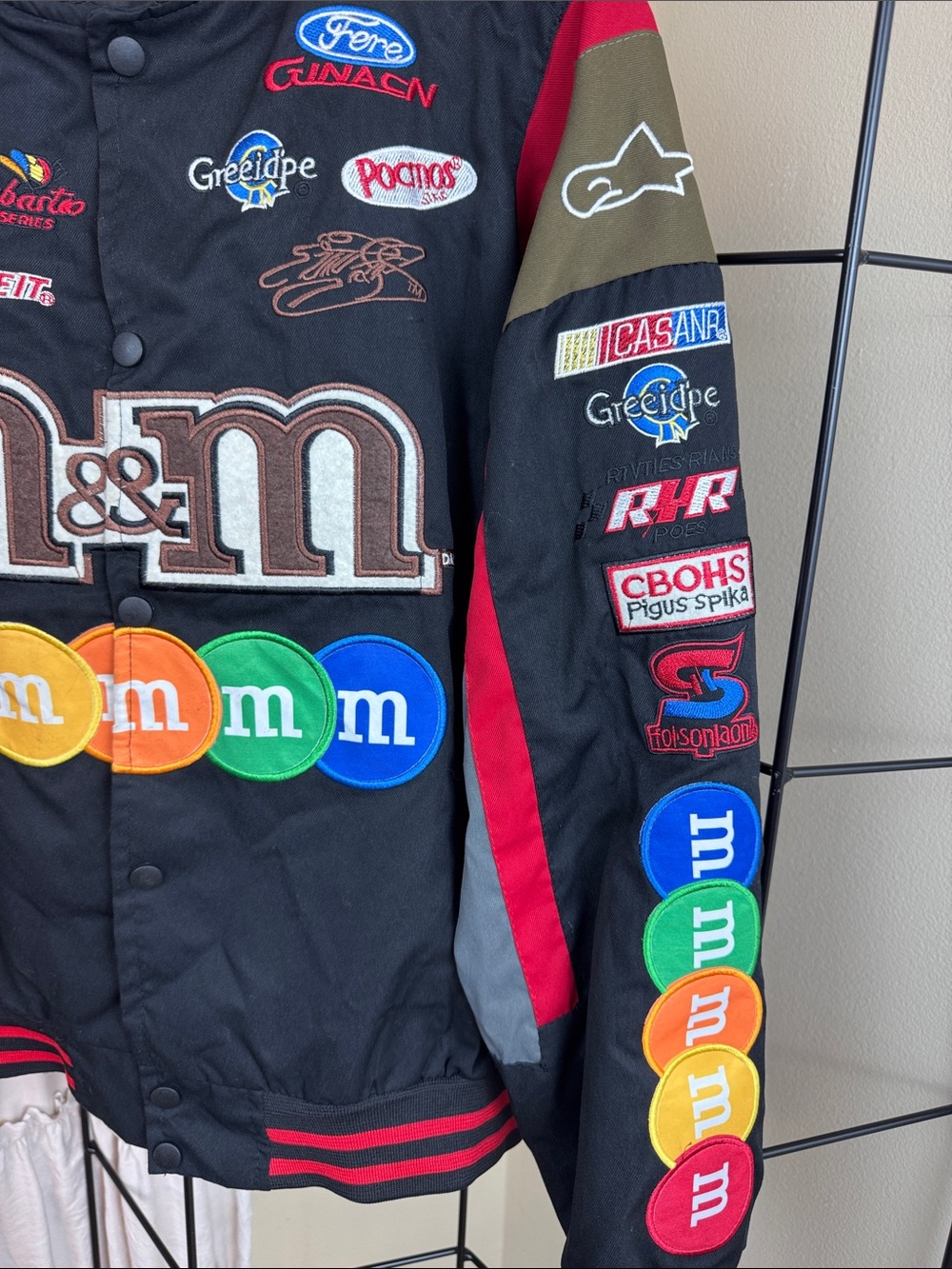 M&M's Black Racing Patch Bomber Jacket with Multicolor Patches - Picture 5 of 12